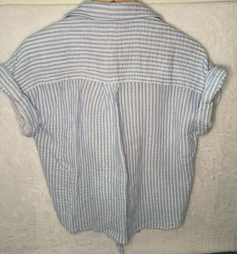 BeachLunchLounge Women’s Large Blue White Striped Cotton Tie Front Button Down